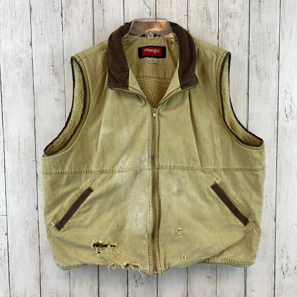 VTG Wrangler Hero Canvas Sherpa Lined Vest Full Zip Pockets Khaki Men's Size XL - Picture 1 of 10